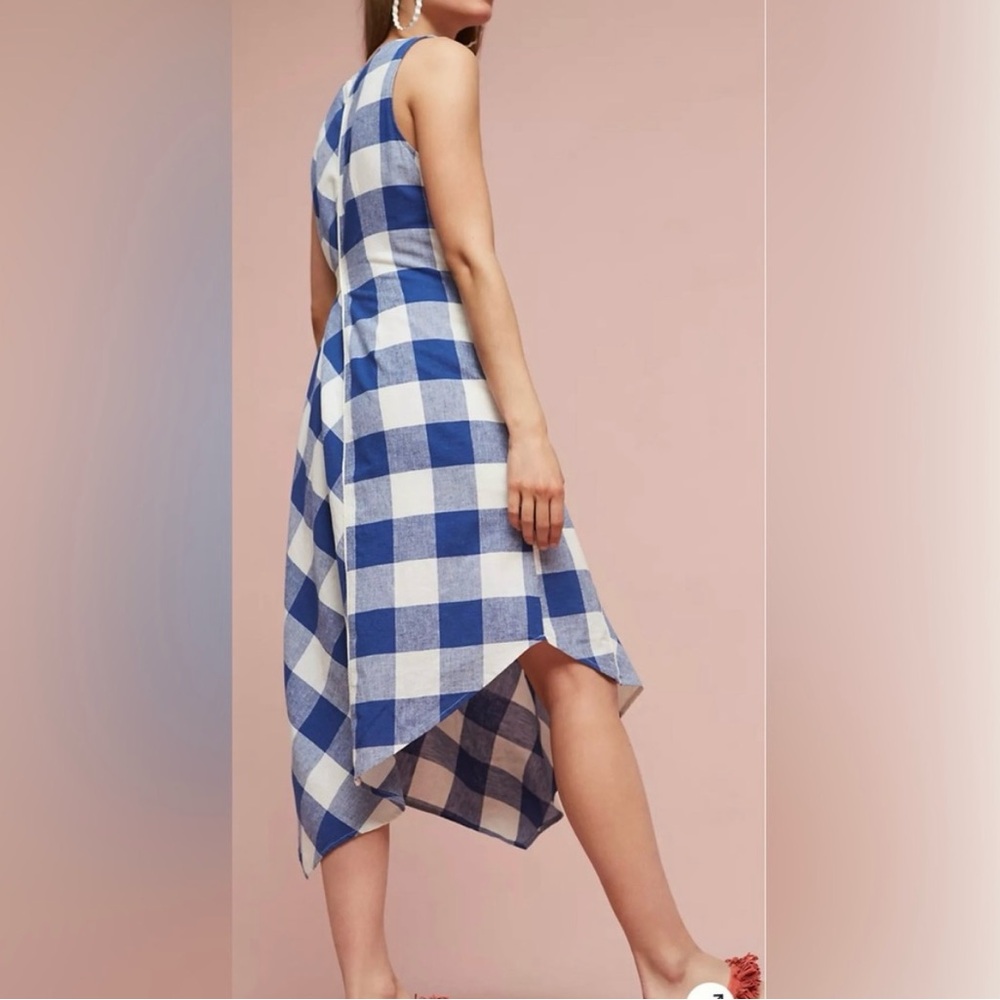 Anthropologie Maeve Belted Gingham Blue White Check Asymmetrical Dress Size M